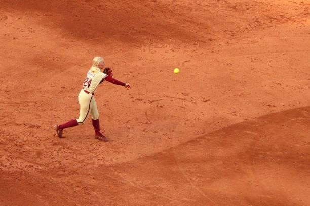 Sydney Sherrill of the Florida St. Seminoles fields the ball against the Oklahoma Sooners during the Division I Women's Softball Championship held at...