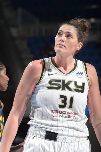 Stefanie Dolson of the Chicago Sky looks on during the game against the Indiana Fever on June 9, 2021 at the Wintrust Arena in Chicago, Illinois....