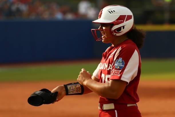 Jocelyn Alo of the Oklahoma Sooners reacts against the Florida St. Seminoles during the Division I Women's Softball Championship held at ASA Hall of...