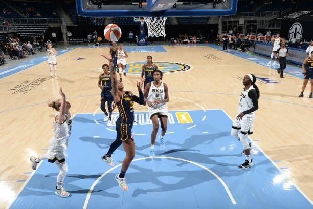 Tiffany Mitchell of the Indiana Fever shoots the ball against the Chicago Sky on June 9, 2021 at the Wintrust Arena in Chicago, Illinois. NOTE TO...