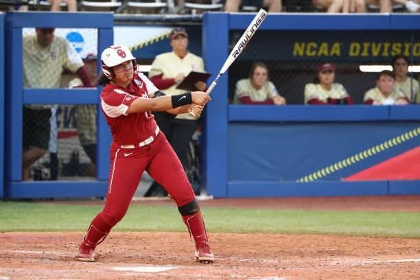 Jocelyn Alo of the Oklahoma Sooners hits against the Florida St. Seminoles during the Division I Women's Softball Championship held at ASA Hall of...