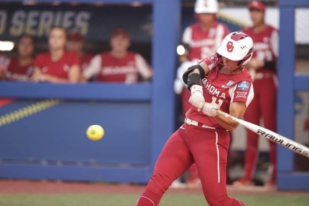 Nicole Mendes of the Oklahoma Sooners swings at bat during the Division I Women's Softball Championship held at ASA Hall of Fame Stadium on June 9,...