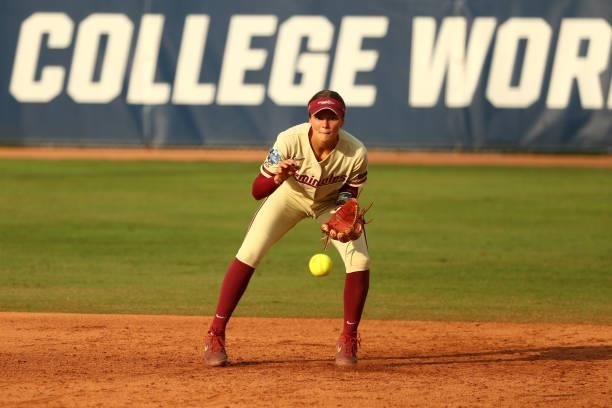 Devyn Flaherty of the Florida St. Seminoles fields the ball against the Oklahoma Sooners during the Division I Women's Softball Championship held at...