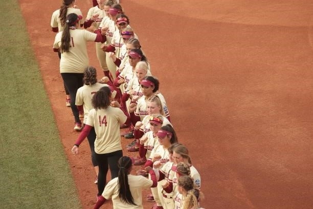 The Florida State Seminoles take the field during the Division I Women's Softball Championship held at ASA Hall of Fame Stadium on June 9, 2021 in...