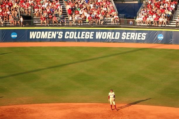 Devyn Flaherty of the Florida St. Seminoles looks on during the game against the Oklahoma Sooners during the Division I Women's Softball Championship...