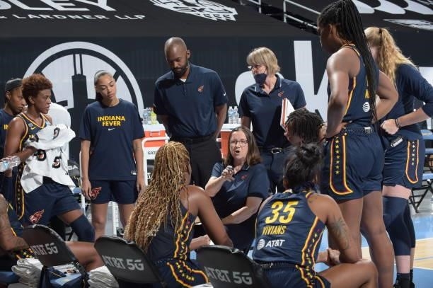 Head Coach, Marianne Stanley of the Indiana Fever talks to her team during the game against the Chicago Sky on June 9, 2021 at the Wintrust Arena in...