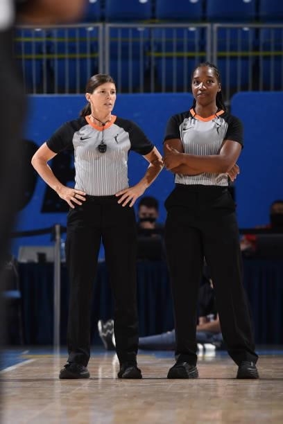 Referees, Amy Bonner and Karleena Tobin look on during the game between the Chicago Sky and the Indiana Fever on June 9, 2021 at the Wintrust Arena...