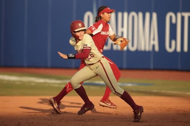 Aun Riggs of the Florida St. Seminoles steals second during the Division I Women's Softball Championship held at ASA Hall of Fame Stadium on June 9,...
