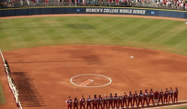 General view of the field during the National Anthem during the Division I Women's Softball Championship held at ASA Hall of Fame Stadium on June 9,...