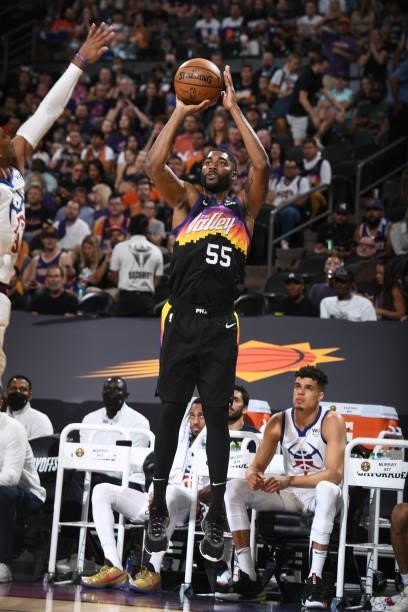 Twaun Moore of the Phoenix Suns shoots the ball against the Denver Nuggets during Round 2, Game 2 of the NBA Playoffs on June 9, 2021 at Phoenix Suns...