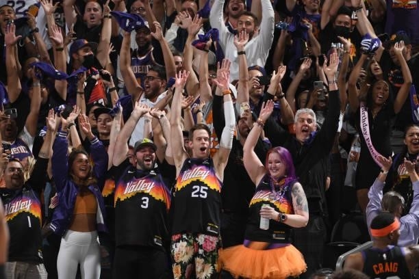 Fans cheer during Round 2, Game 2 of the NBA Playoffs on June 9, 2021 at Phoenix Suns Arena in Phoenix, Arizona. NOTE TO USER: User expressly...