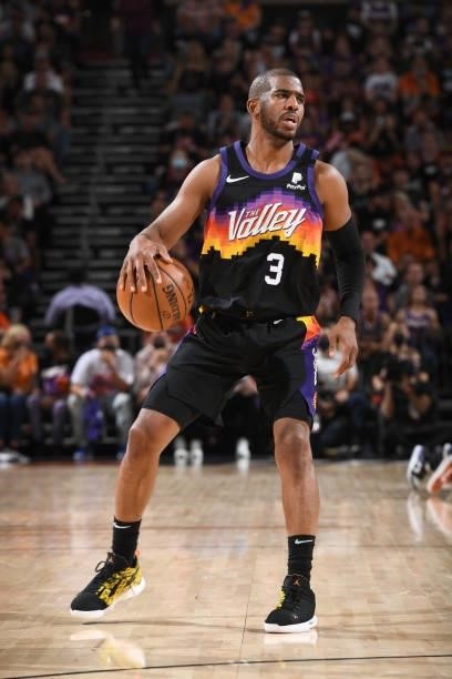 Chris Paul of the Phoenix Suns handles the ball against the Denver Nuggets during Round 2, Game 2 of the NBA Playoffs on June 9, 2021 at Phoenix Suns...