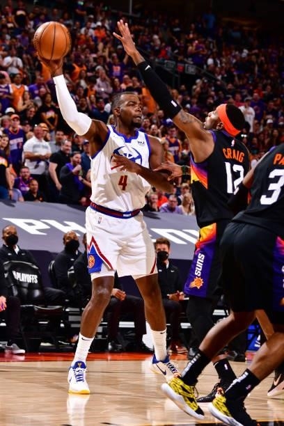 Paul Millsap of the Denver Nuggets handles the ball during Round 2, Game 2 of the 2021 NBA Playoffs on June 9, 2021 at Phoenix Suns Arena in Phoenix,...