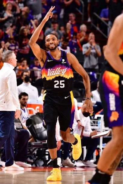 Mikal Bridges of the Phoenix Suns celebrates during Round 2, Game 2 of the 2021 NBA Playoffs on June 9, 2021 at Phoenix Suns Arena in Phoenix,...