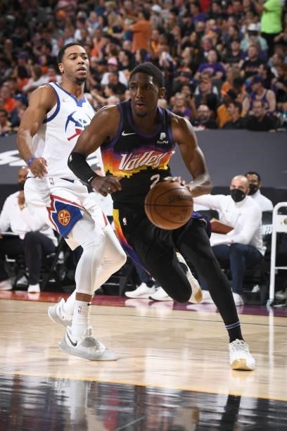 Langston Galloway of the Phoenix Suns drives to the basket against the Denver Nuggets during Round 2, Game 2 of the NBA Playoffs on June 9, 2021 at...