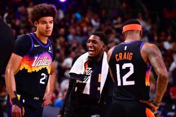 Langston Galloway of the Phoenix Suns smiles during Round 2, Game 2 of the 2021 NBA Playoffs on June 9, 2021 at Phoenix Suns Arena in Phoenix,...