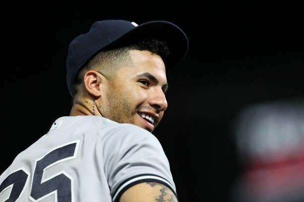 Gleyber Torres of the New York Yankees looks on in the ninth inning of the game against the Minnesota Twins at Target Field on June 9, 2021 in...
