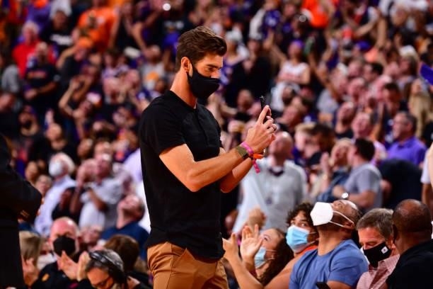 Olympian, Michael Phelps attends the game between the Denver Nuggets and the Phoenix Suns during Round 2, Game 2 of the 2021 NBA Playoffs on June 9,...