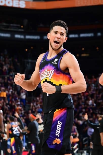 Devin Booker of the Phoenix Suns celebrates against the Denver Nuggets during Round 2, Game 2 of the 2021 NBA Playoffs on June 9, 2021 at Phoenix...