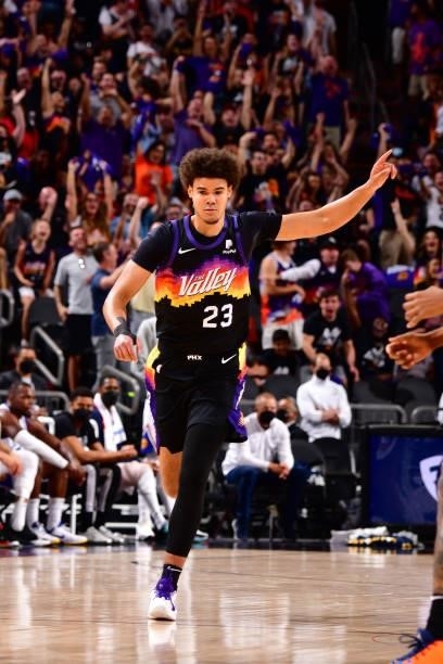Cameron Johnson of the Phoenix Suns celebrates during Round 2, Game 2 of the 2021 NBA Playoffs on June 9, 2021 at Phoenix Suns Arena in Phoenix,...