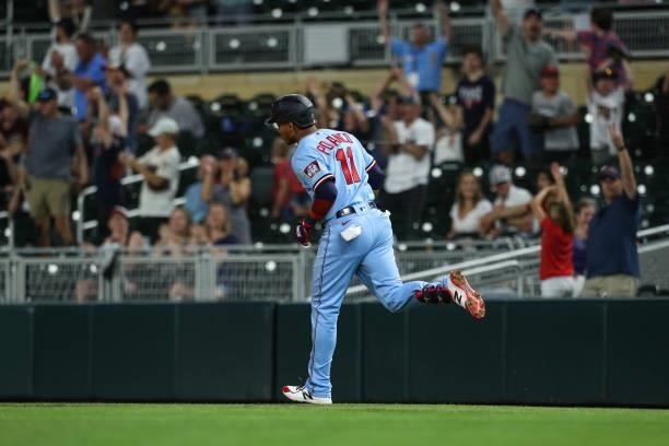 Jorge Polanco of the Minnesota Twins rounds the bases after hitting a two-run home run against the New York Yankees in the ninth inning of the game...
