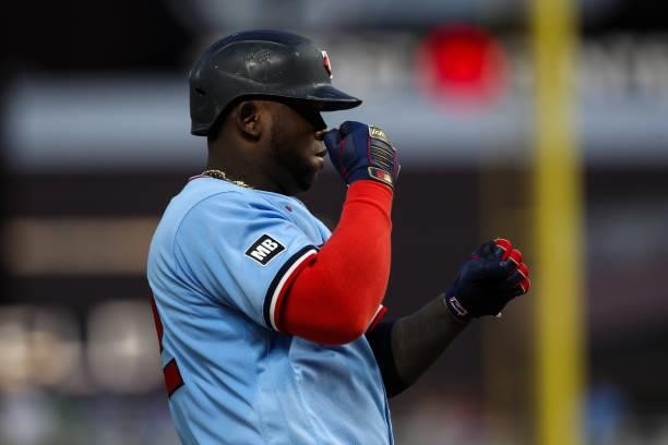 Miguel Sano of the Minnesota Twins celebrates after hitting a solo home run against the New York Yankees in the fifth inning of the game at Target...