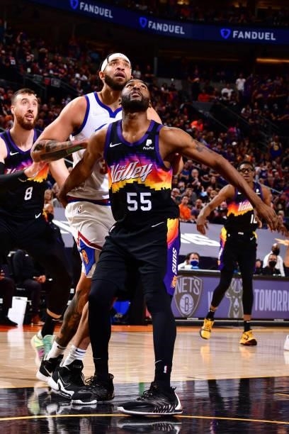 Twaun Moore of the Phoenix Suns fights for position during Round 2, Game 2 of the 2021 NBA Playoffs on June 9, 2021 at Phoenix Suns Arena in Phoenix,...