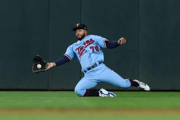 Gilberto Celestino of the Minnesota Twins catches a fly ball hit by Gleyber Torres of the New York Yankees for an out in the sixth inning of the game...