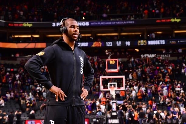 Chris Paul of the Phoenix Suns is interviewed after the game against the Denver Nuggets during Round 2, Game 2 of the 2021 NBA Playoffs on June 9,...