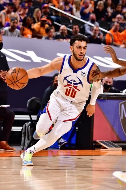 Markus Howard of the Denver Nuggets drives to the basket during Round 2, Game 2 of the 2021 NBA Playoffs on June 9, 2021 at Phoenix Suns Arena in...