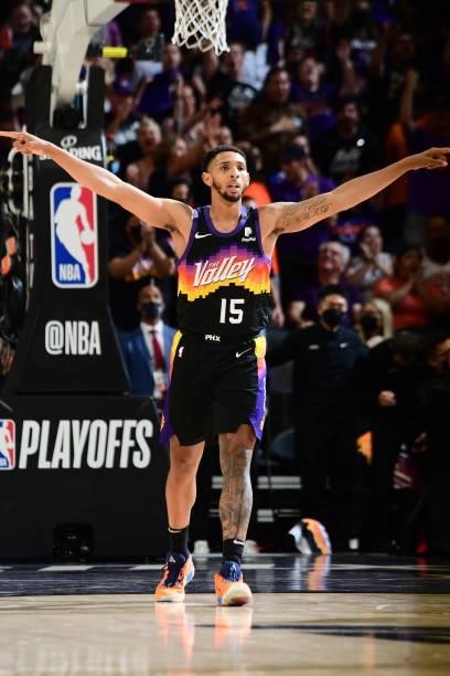 Cameron Payne of the Phoenix Suns celebrates during Round 2, Game 2 of the 2021 NBA Playoffs on June 9, 2021 at Phoenix Suns Arena in Phoenix,...