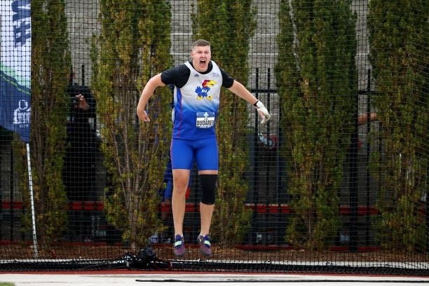 Gleb Dudarev of the Kansas Jayhawks competes in the hammer throw during the Division I Men's and Women's Outdoor Track & Field Championships held at...