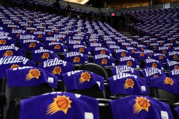 Rally towels are laid out for fans before the game between the Denver Nuggets and the Phoenix Suns during Round 2, Game 2 of the 2021 NBA Playoffs on...