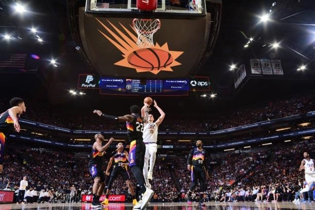 Nikola Jokic of the Denver Nuggets shoots the ball against the Phoenix Suns during Round 2, Game 2 of the 2021 NBA Playoffs on June 9, 2021 at...