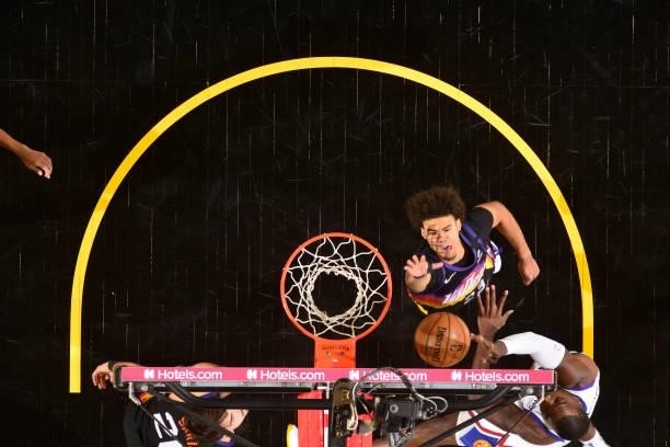 Cameron Johnson of the Phoenix Suns blocks the ball during Round 2, Game 2 of the 2021 NBA Playoffs on June 9, 2021 at Phoenix Suns Arena in Phoenix,...