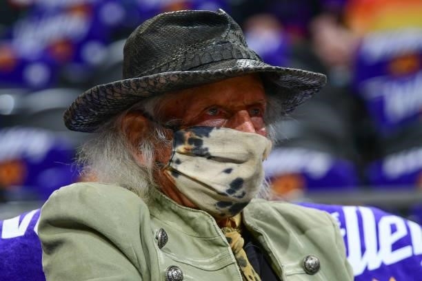 Super Fan, James Goldstein, looks on before the game between the Denver Nuggets and the against the Phoenix Suns during Round 2, Game 2 of the 2021...