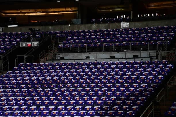 Rally towels are laid out for fans before the game between the Denver Nuggets and the Phoenix Suns during Round 2, Game 2 of the 2021 NBA Playoffs on...