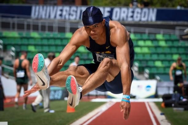 Ayden Owens of the Michigan Wolverines jumps during the Division I Men's and Women's Outdoor Track & Field Championships held at Hayward Field on...
