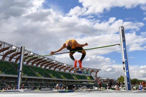 Jason Smith of the Long Beach State University Sharks competes in the high jump during the Division I Men's and Women's Outdoor Track & Field...