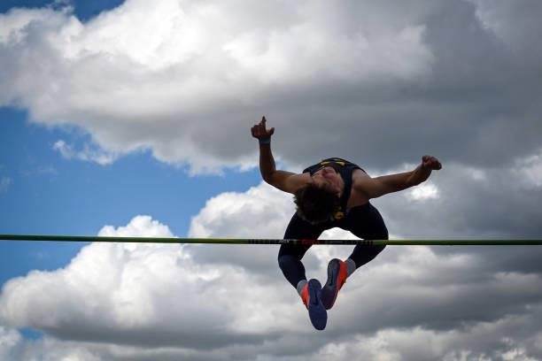 Heath Baldwin of the Michigan Wolverines jumps during decathlon high jump competiton the Division I Men's and Women's Outdoor Track & Field...