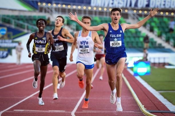Patrick Dever of the Tulsa Golden Hurricanes celebrates as he wins the 10,000 meters during the Division I Men's and Women's Outdoor Track & Field...