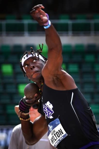 Asani Hilton of the Steven F. Austin Lumberjacks throws the shot put during decathlon competition at the Division I Men's and Women's Outdoor Track &...