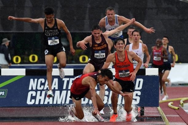 Alexander Korczynski of the Northeastern Huskies falls during 3,000 steeplechase the Division I Men's and Women's Outdoor Track & Field Championships...