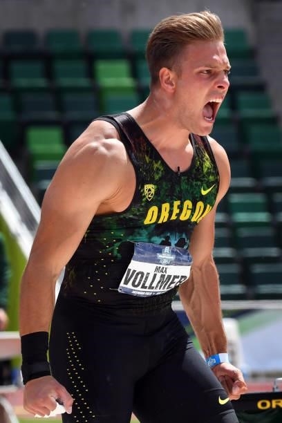 Max Vollmer of the Oregon Ducks reacts after throwing the shot put during decathlon competition at the Division I Men's and Women's Outdoor Track &...