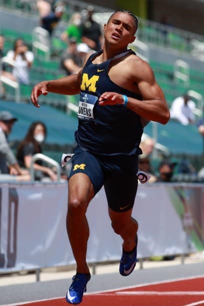 Ayden Owens of the Michigan Wolverines competes in the 100 meter dash in the decathlon during the Division I Men's and Women's Outdoor Track & Field...
