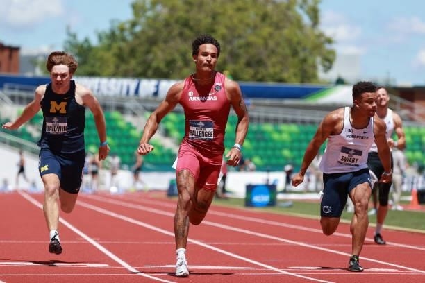 Markus Ballengee of the Arkansas Razorbacks competes in the 100 meter dash race of the decathlon during the Division I Men's and Women's Outdoor...