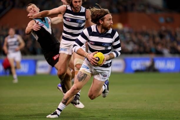 Zach Tuohy of the Cats in action during the 2021 AFL Round 13 match between the Port Adelaide Power and the Geelong Cats at Adelaide Oval on June 10,...