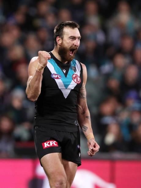 Charlie Dixon of the Power celebrates a goal to put Port in front during the 2021 AFL Round 13 match between the Port Adelaide Power and the Geelong...