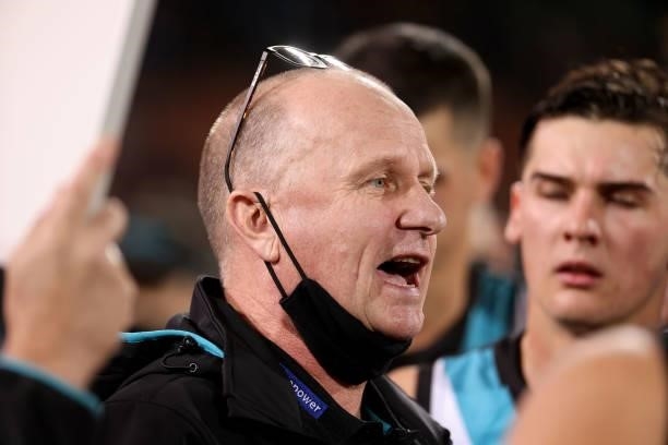 Ken Hinkley, Senior Coach of the Power during the 2021 AFL Round 13 match between the Port Adelaide Power and the Geelong Cats at Adelaide Oval on...