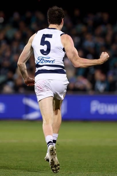 Jeremy Cameron of the Cats celebrates a goal during the 2021 AFL Round 13 match between the Port Adelaide Power and the Geelong Cats at Adelaide Oval...